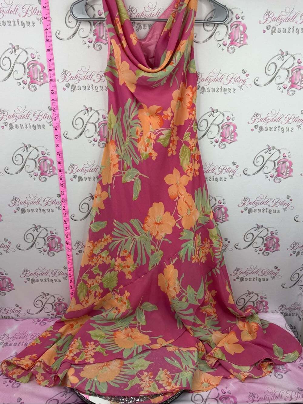 Dress Y2K long maxi flower Floral Cowl Neck Maxi Dress - Pink with Orange Floral - Picture 3 of 10
